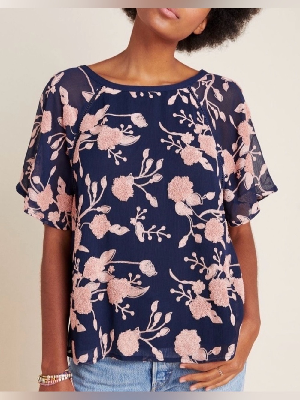 Maeve by Anthropologie Franca Textured Floral Blouse, Navy and Pale Pink, Medium - Picture 2 of 16